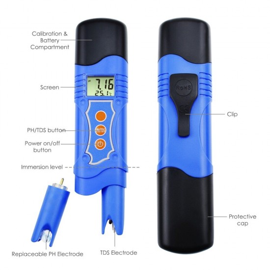 3 In 1 PH TDS Temperature Meter Combo Water Quality Tester Digital Pen-Type With ATC 0.00~14.00pH 0~1999mg/L(ppm) Pool