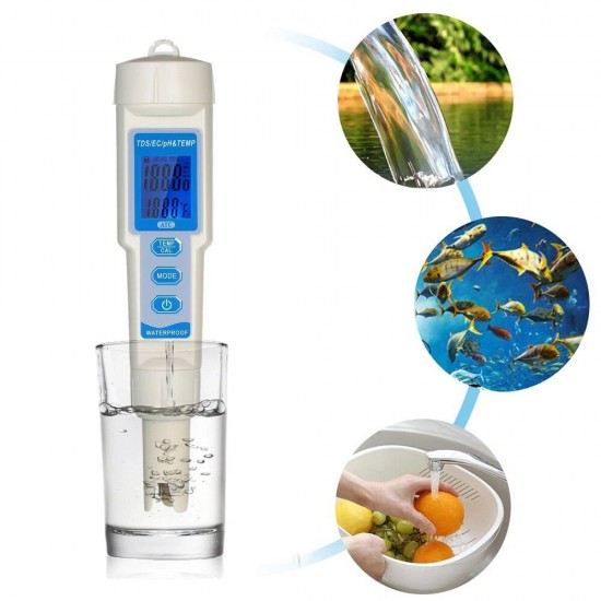 4-in-1 Water Quality Tester Pen Waterproof Water Quality Analysis Instrument PH/EC/TDS & Temperature Meter PH Meter TDS Meter with ATC Function