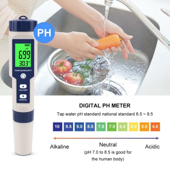 EZ-9909A 5 in 1 TDS/EC/PH/Salinity/Temperature Meter Digital Water Quality Monitor Tester for Pools, Drinking Water, Aquariums