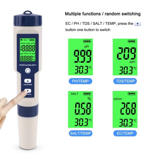 EZ-9909A 5 in 1 TDS/EC/PH/Salinity/Temperature Meter Digital Water Quality Monitor Tester for Pools, Drinking Water, Aquariums