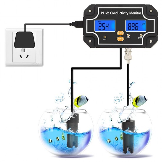 PH/EC-2681 2 in 1 Water Quality Tester pH/EC Meter Waterproof Double Display Tester Black EU Plug PH/EC-2681 2 in 1 Water Quality Tester pH/EC Meter Waterproof Double Display Tester Black EU Plug