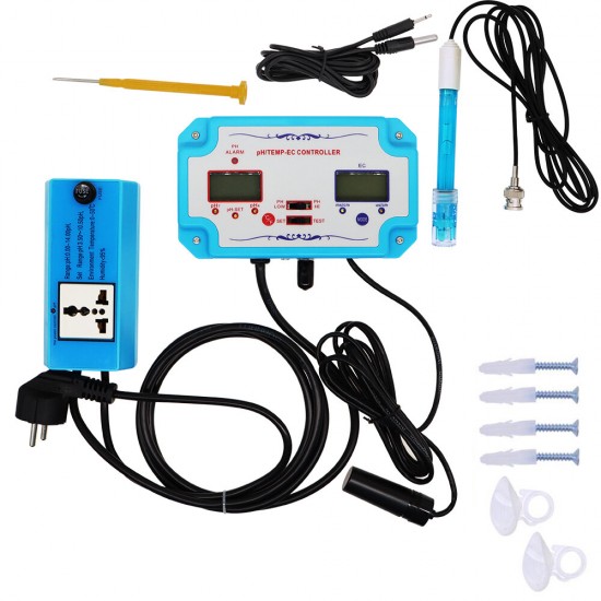 PTE-2823 3 in 1 pH/EC/TEMP Water Quality Detector Professional pH Controller with Relay Plug Repleaceable Electrode BNC Type Probe Water Quality Tester for Aquarium Hydroponics Tank Monitor 14.00pH 1999us/cm 19.99ms/cm
