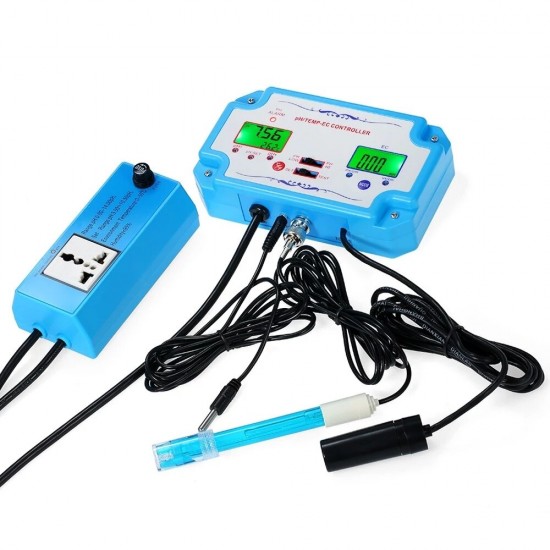 PTE-2823 3 in 1 pH/EC/TEMP Water Quality Detector Professional pH Controller with Relay Plug Repleaceable Electrode BNC Type Probe Water Quality Tester for Aquarium Hydroponics Tank Monitor 14.00pH 1999us/cm 19.99ms/cm