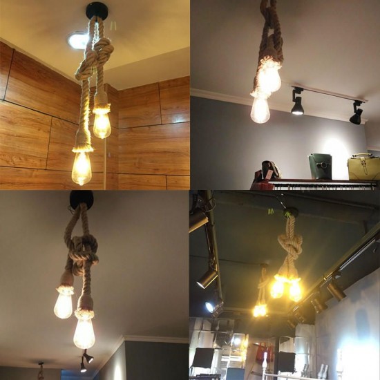 E27 Double Heads Retro Vintage Edison Rope Industrial Pendant Ceiling Lamp