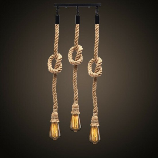 E27 Three Heads Industrial Pendant Lamp Holder Retro Vintage Edison Hemp Rope Ceiling Light AC110-220V E27 Three Heads Industrial Pendant Lamp Holder Retro Vintage Edison Hemp Rope Ceiling Light AC110-220V