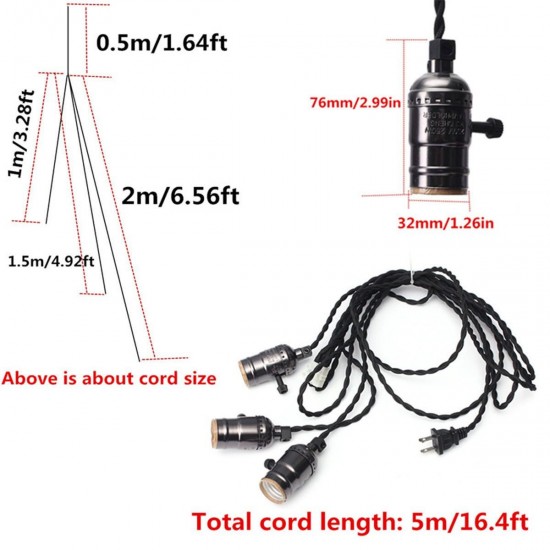 E27 E26 Edison Socket Vintage Style Pendant Light Cord Dimmer With Lamp Switch AC 110-220V