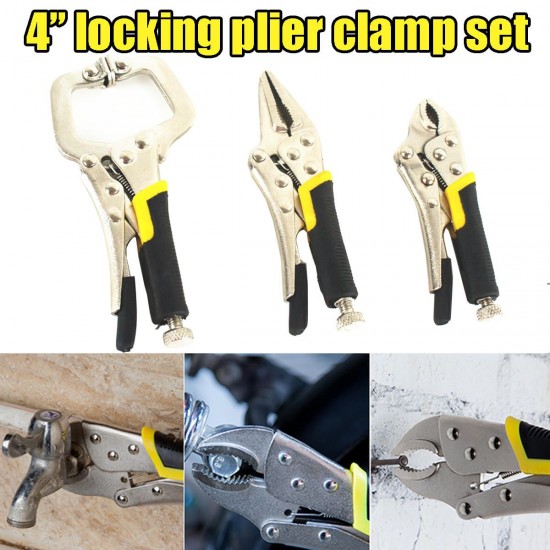 3 Piece Mini Vice Grip Kit Complete Locking C Clamp Straight Nose and Needle Long Nose Pliers set