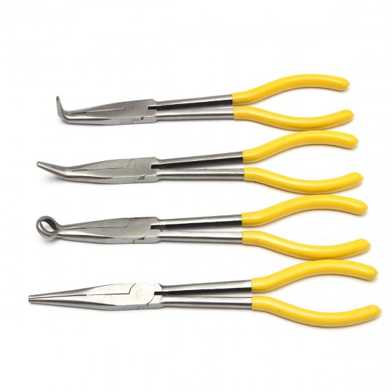 4Pcs 11 inch Extra Long Nose Pliers Straight Bent Equipment Hand Tool Set