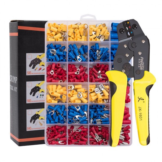 JX-1601-01T AWG24-14 Crimper Plier Wire Crimper Tools Kit Ratchet Plier Hand Tools with 500Pcs Terminals