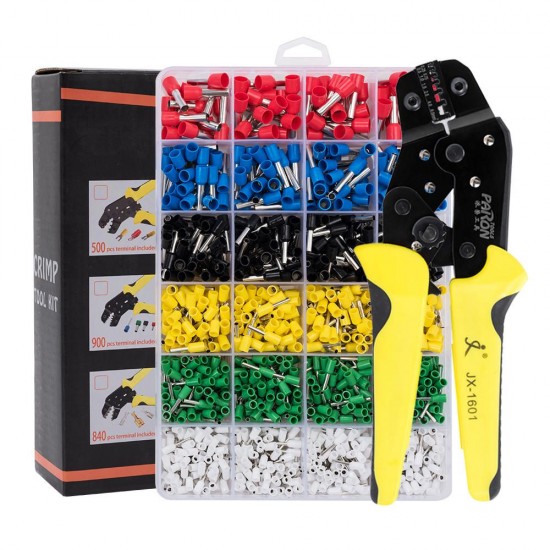 JX-1601-06T AWG20-10 Crimper Plier Wire Crimper Tools Kit Ratchet Plier Hand Tools with 1200Pcs Terminals