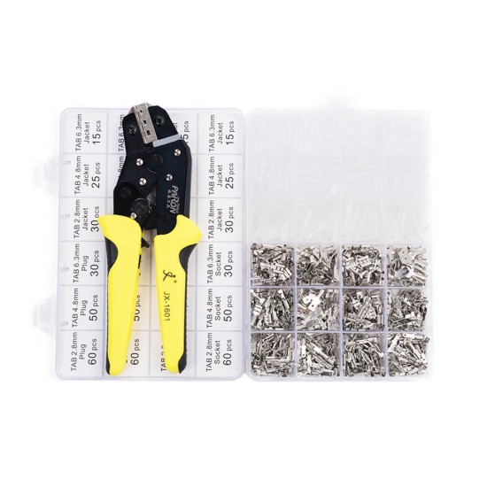 JX-1601-08T AWG20-10 Crimper Plier Wire Engineering Ratchet Crimping Pliers Hand Tools with 840Pcs Terminals