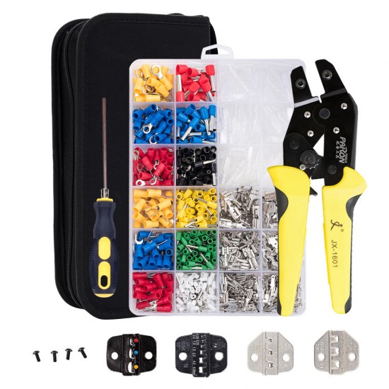 JX-D4T 4 in 1 AWG20-10 Crimper Plier Wire Crimper Tools Kit Ratchet Plier Hand Tools with 850Pcs Terminals