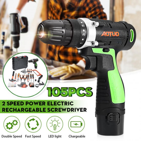 105Pcs 12V Electric Screwdriver Drill 15+1 Gear Double Speed LED Rechargeable with Lithium Battery 105Pcs 12V Electric Screwdriver Drill 15+1 Gear Double Speed LED Rechargeable with Lithium Battery