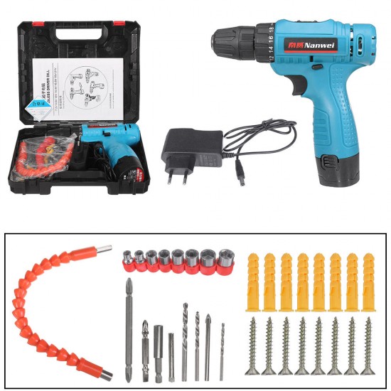 12V Cordless Drill Set Lithium Rechargeable Electric Impact Hand Drill Chuck + 8 Drill Bits+Battery