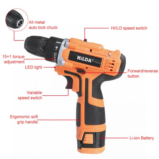 16.8V 2 Speed Cordless Power Drill Electric Screwdriver 32Nm Torque 3/8 Inch Keyless Drill Chuck W/ 1 or 2 Li-ion Battery