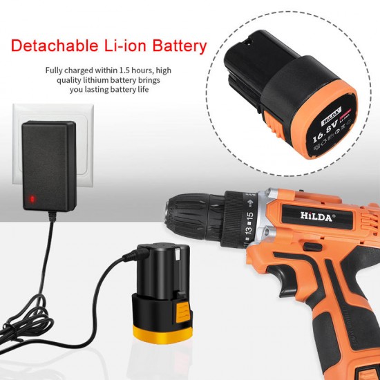 16.8V 2 Speed Cordless Power Drill Electric Screwdriver 32Nm Torque 3/8 Inch Keyless Drill Chuck W/ 1 or 2 Li-ion Battery