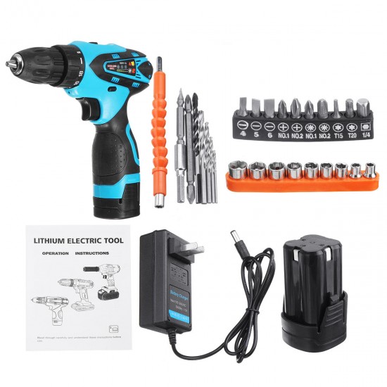 18V Cordless Power Drill 2 Speed Electric Screwdriver Repair Tools Kit W/ 2 Pcs Li-ion Battery