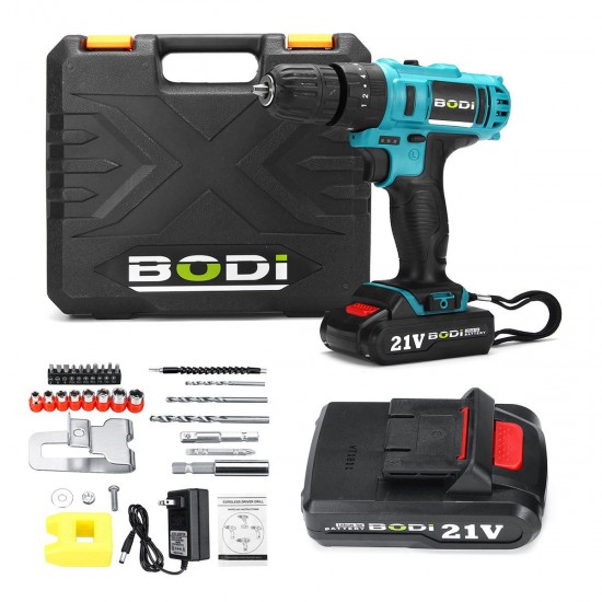 21V 2-Speed Electric Cordless Power Drills Kit 3/8'' Driver Screwdriver W/ 1or 2 Battery