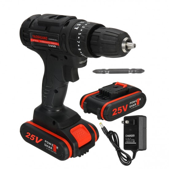 25V 3/8'' Cordless Rechargeable Electric Impact Hammer Screwdriver Drill 2 Battery