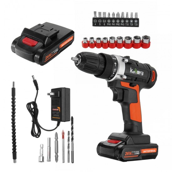 26V 350Nm Cordless Electric Drill 15+1 Screw Driver Kit with 3000mAh Lithium Battery