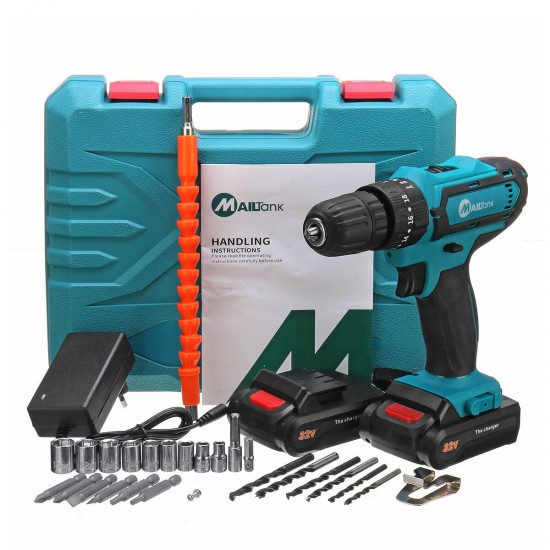 32V 2 Speed Power Drills 6000mah Cordless Drill 3 IN 1 Electric Screwdriver Hammer Drill with 2pcs Batteries