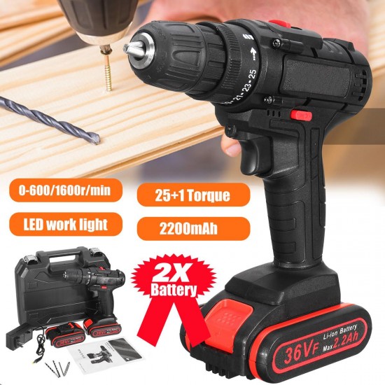 36V Cordless Electric Drill Speed Adjustable with Two Lithium Rechargeable Battery 2 Speed Adjustment Brushless Drill Screwdriver