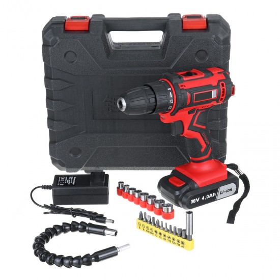 36V Cordless Electric Impact Drill 2 Speed LED Light Power Tool Screw Driver Kit