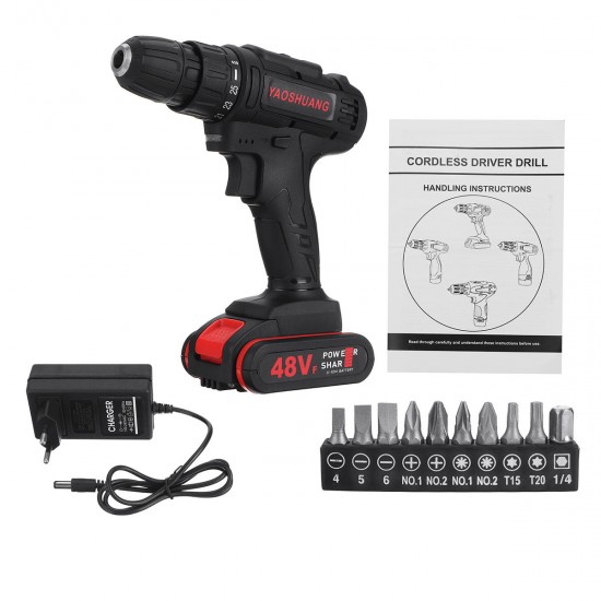 48V 3/8'' Cordless Rechargeable Electric Impact Hammer Screwdriver Drill with 1 Battery