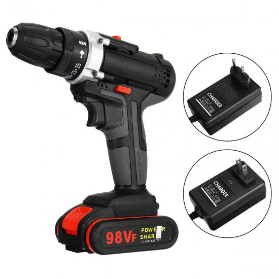 98VF Electric Cordless Impact Drill Screwdriver 25+1 Torque LED with 2 Battery
