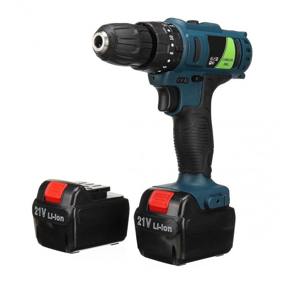 Adjustable 21V Rechargeable Cordless Power Impact Drill Electric Screwdriver with 2 Li-ion Battery