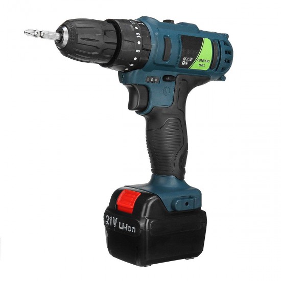 Adjustable 21V Rechargeable Cordless Power Impact Drill Electric Screwdriver with 2 Li-ion Battery