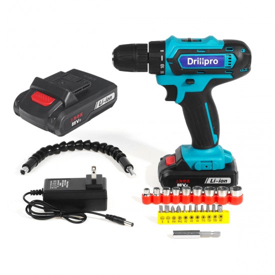 88VF Cordless Electric Drill Set Rechargeable Power Screwdriver 18+1 Torque W/ 2 Li-ion Battery