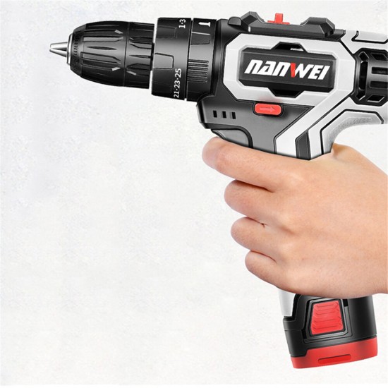 18V Brushed Impact Drill 27N/M Li-ion Rechargeable Electric Flat Drill Screw Driver 2 Speeds 25+3 Gears + 2 Battery