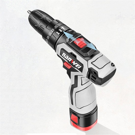 18V Brushed Impact Drill 27N/M Li-ion Rechargeable Electric Flat Drill Screw Driver 2 Speeds 25+3 Gears + 2 Battery