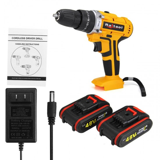 48VF Cordless Electric Impact Drill Rechargeable 3/8 inch Drill Screwdriver W/ 1 or 2 Li-ion Battery