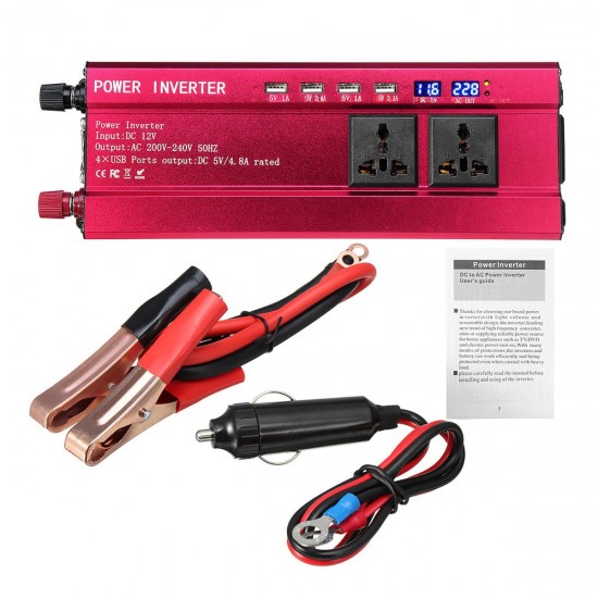 2000W Car Solar Power Inverter DC 12V to AC 200-240V Sine Wave USB Converter