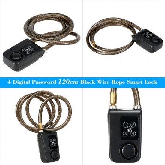 4 Digital Password 120cm Black Wire Rope Smart Lock Anti Theft Alarm Keyless Lock