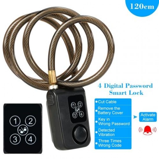 4 Digital Password 120cm Black Wire Rope Smart Lock Anti Theft Alarm Keyless Lock