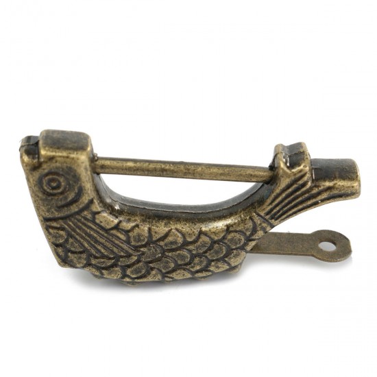 Chinese Antique Old Style Retro Brass Padlock Jewelry Box Fish Pattern Lock with Key