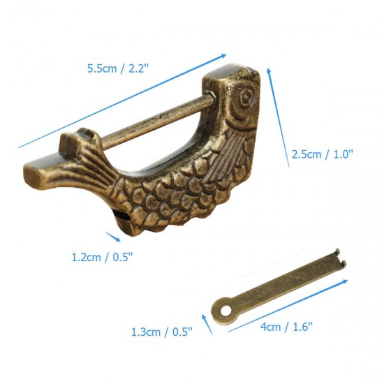 Chinese Antique Old Style Retro Brass Padlock Jewelry Box Fish Pattern Lock with Key