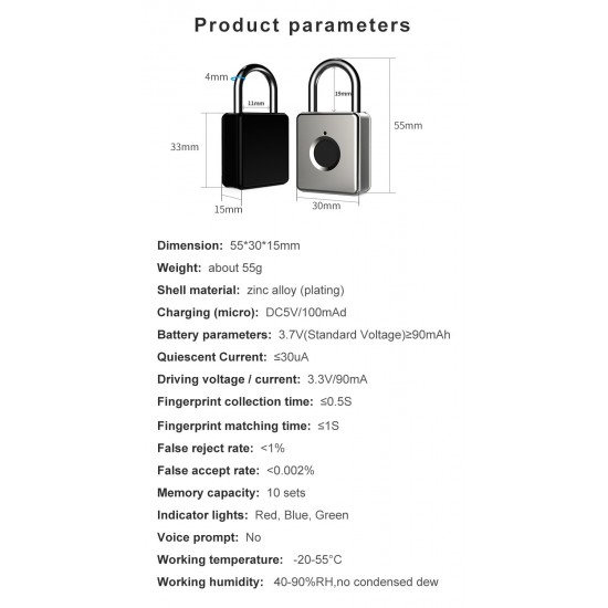 Portable Smart Padlock Fingerprint Padlock Anti-theft for Student Dormitory Warehouse