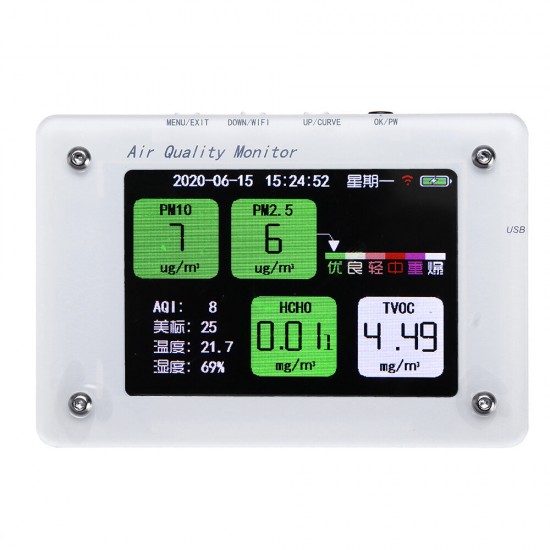 1Pcs A2 PM2.5 TVOC CO2 HCHO AQI Haze Formaldehyde Detector Air Monitor Temperature and Humidity with TF Card Support WIFI Function
