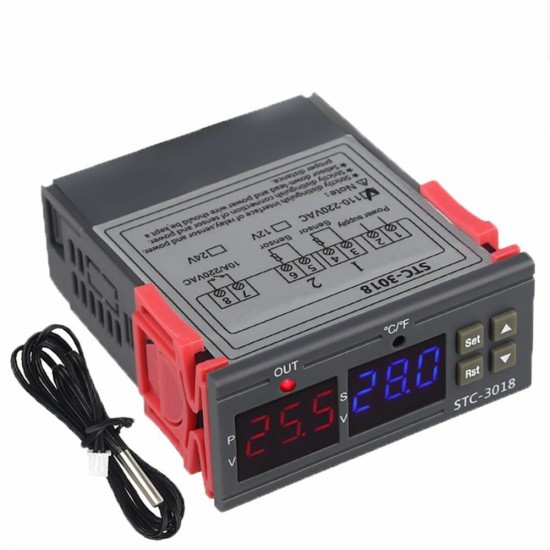 STC-3018 12V / 24V / 220V Digital Temperature Controller C/F Thermostat Relay 10A Heating/Cooling Thermoregulator with Dual LED Display STC-3018 12V / 24V / 220V Digital Temperature Controller C/F Thermostat Relay 10A Heating/Cooling Thermoregulator with Dual LED Display