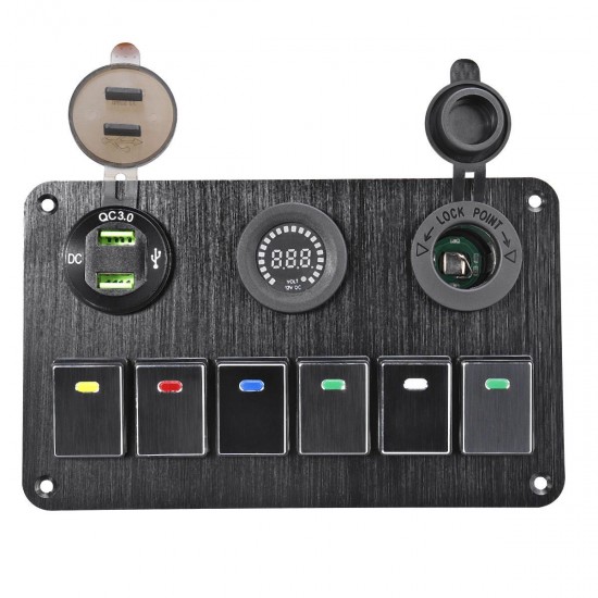 6 Gang Switch Panel 2USB Interior Control Car Boat Marine RV Rocker Breaker 12V