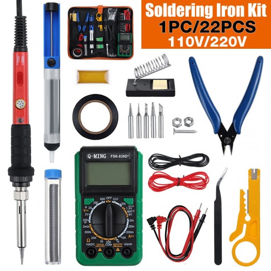 110V 60W 22Pcs Electric Adjustable Temperature Soldering Iron Kit Welding Tool With Multimeter