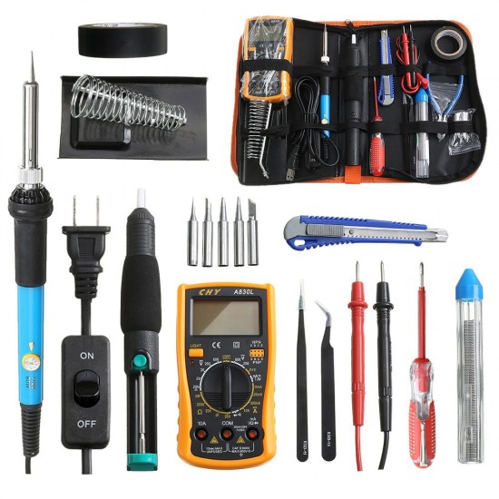 18 in 1 110V 60W Solder Iron Tools Kit Digital Multimeter with 5Pcs Solder Iron Tips Screwdriver Tweezers Plier Desoldering Pump Welding Repair Tools 18 in 1 110V 60W Solder Iron Tools Kit Digital Multimeter with 5Pcs Solder Iron Tips Screwdriver Tweezers Plier Desoldering Pump Welding Repair Tools