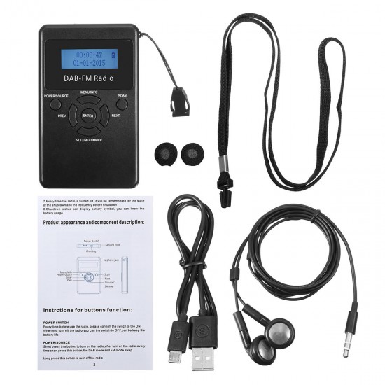 FM/DAB Radio Portable Digital Audio Broadcasting Rechargeable Receiver Headphone