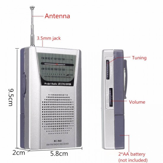 BC-R60 Mini Pocket Portable AM/FM Receiver Radio Player Telescopic Antenna Speaker
