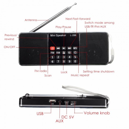 L-288 Mini Portable LCD FM Radio Stereo MP3 Music Player Micro SD TF USB AUX Outdoor Speaker L-288 Mini Portable LCD FM Radio Stereo MP3 Music Player Micro SD TF USB AUX Outdoor Speaker