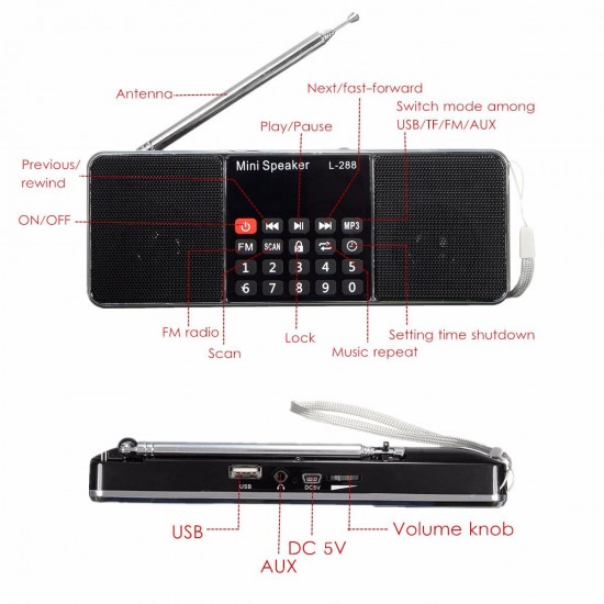 L-288 Mini Portable LCD FM Radio Stereo MP3 Music Player Micro SD TF USB AUX Outdoor Speaker